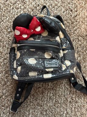 Loungefly Black Sequin Polka Dot Minnie Ear Backpack with Red Bow